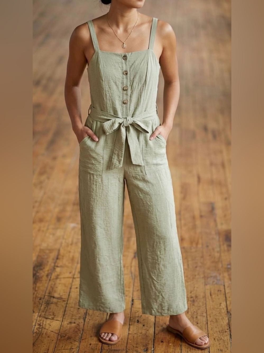 moa moa Moss Green Wide Leg Button Front Jumpsuit
